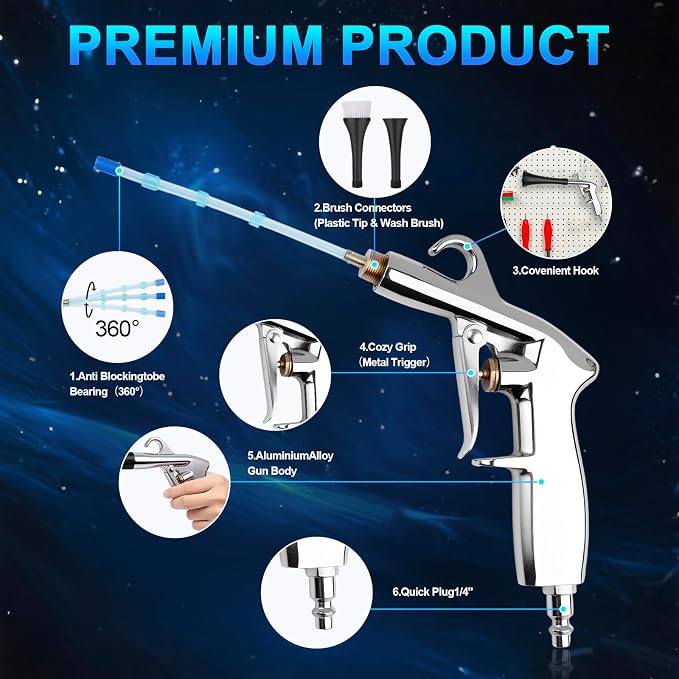2 Nozzles Air Cleaning Gun, Dry Cleaning Gun Quickly Blasts Dust, Dirt and Grime from Surface, Dryer Air Blow Gun Works with Air Compressor, Car Detailing Tool for Interiors Exteriors Deeply Cleaning