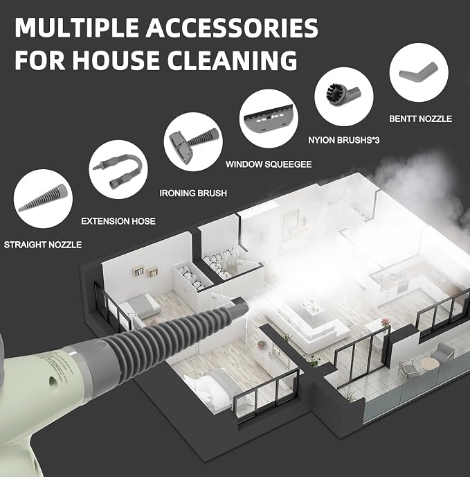 Handheld Steam Cleaner, Pressurized Multi-Surface Steam Shot with 13 Accessories, Safety Lock, Steamer for Cleaning Floor, Upholstery, Grout, Windows, Couch and Car, Green