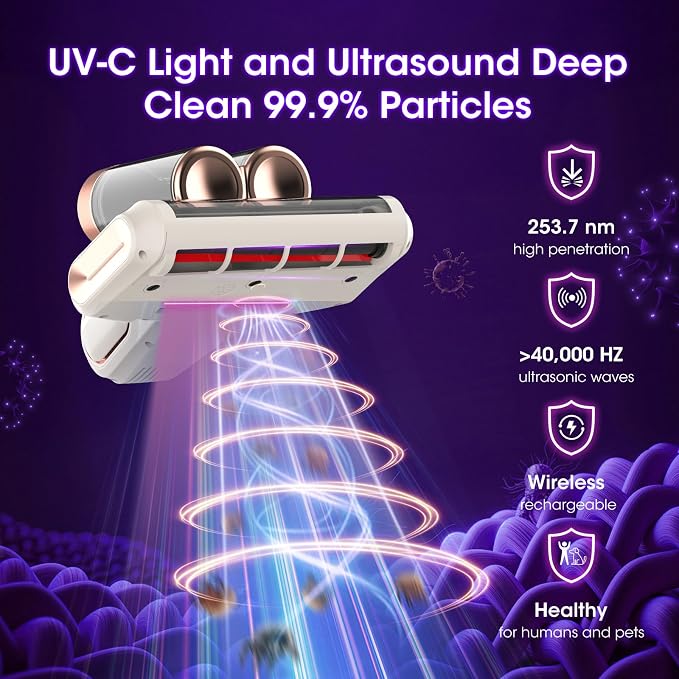 Mattress Vacuum Cleaner Cordless 16Kpa Bed Handheld Vacuum, Vacuum Cleaner with 253.7nm UV-C Light,HEPA Filter & Ultrasonic, Portable Vacuums for Bed Sofa Couch Crib Gifts for women men her white