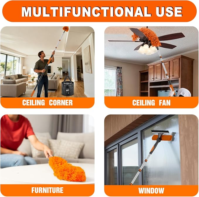 SISUPASSIE 20FT Reach High Ceiling Duster Kit, Window Cleaning kit with 3-12FT Extension Pole, Fan Duster for Ceiling Fan Blades, Microfiber Feather Duster, Window Squeegee, Bucket and Cobweb Duster