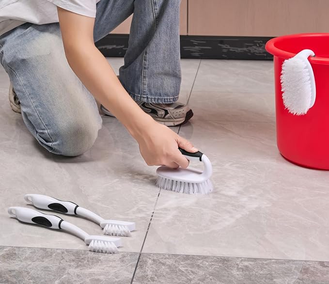 Scrub Brush Set, 4 Pack Deep Cleaning Brush Kit, Black | 2 Scrub Brush, 2 Tile & Grout Brush with Built-in Scraper, Household Commercial Scrubber for Floor, Shower, Pool Wall, Tub