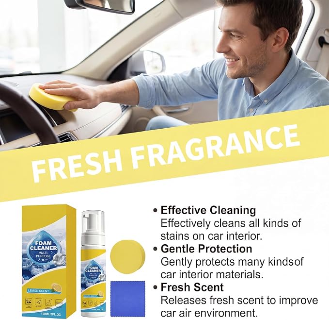 4-in-1 Multi-Enzyme Foam Cleaner, All-Purpose Deep Cleaning Spray,Powerful & Multipurpose Car Interior Foam Cleaners for Car Interior, Kitchen Grease,Bathroom Tiles (2Pcs+2*Sponge+Towel)