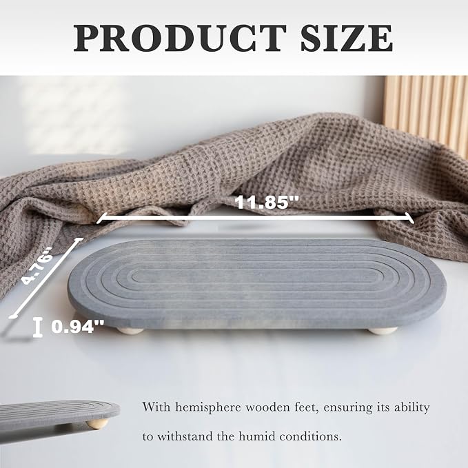 Instant Dry Sink Caddy Organizer – Water Absorbing Stone Tray for Kitchen Bathroom Countertop, Fast Drying Sink Caddy (with Wooden Feet and Natural Loofah, Gray)