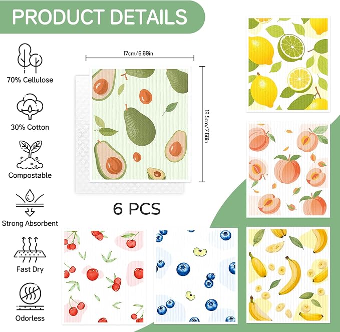Swedish Dishcloths for Kitchen, 6 Pack, Reusable Paper Towels Washable, Super Absorbent Dish Drying Rags, Fast Dry Non-Scratch Cloths for Washing Dishes, Biodegradable