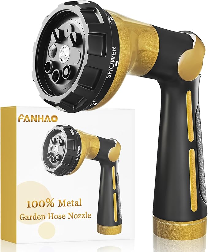 FANHAO Heavy Duty Garden Hose Nozzle, Metal Hose Sprayer Easy Thumb Control | 8 Spray Patterns, Rustproof Water Nozzle, Non-Slip Ergonomic Grip, Elder & Child Friendly for Garden, Car & Pet, Yellow