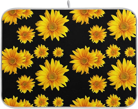 Absorbent Dish Drying Mat for Kitchen Counter - Yellow Sunflower Flowers Black Microfiber Drying Pad, Reversible Drainer Mats for Countertop, Lager 18 x 24 inch