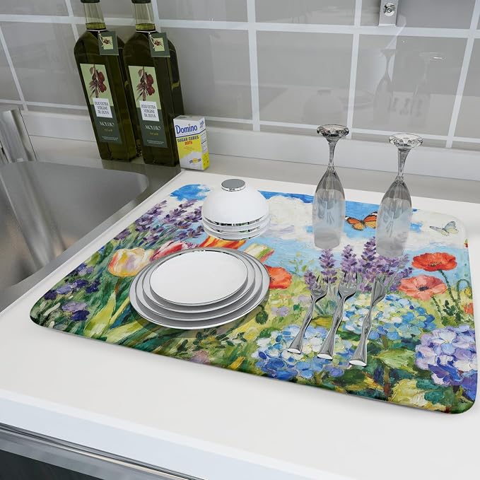 Spring Dish Drying Mat for Kitchen Counter 18x24, Floral Decorative Absorbent Reversible Microfiber Kitchen Countertop Protector Dishes Drainer Pad, Flower Butterfly