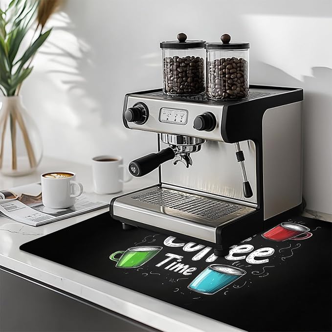 Dish Drying Mat Large Coffee Mat Absorbent Drying Mat for Kitchen Counter Coffee Bar Accessories 32"x 17", Coffee Time