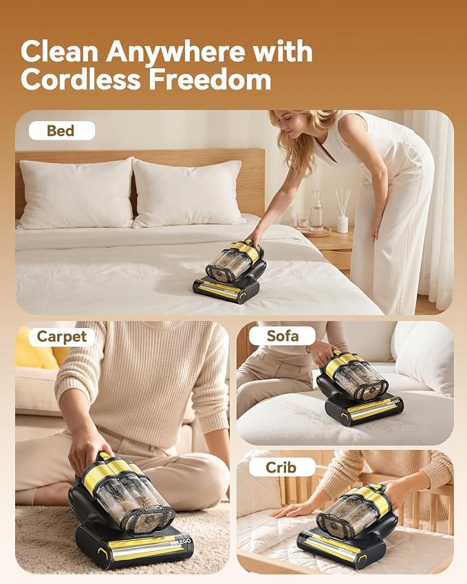 Cordless Mattress Vacuum Cleaner, 50000RPM Bed Vacuum with 253.7nm UV-C | 16000pa Powerful Suction, Ultrasonic, Dust Sensor & LED Display, Cordless, Washable HEPA Filter for Bed, Sofa, Couch