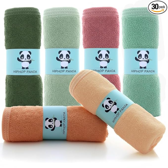 HIPHOP PANDA Baby Washcloths, Rayon Made from Bamboo - 2 Layer Ultra Soft Absorbent Newborn Bath Face Towel - Reusable Baby Wipes for Delicate Skin - Boho Earth Tones, 30 Pack