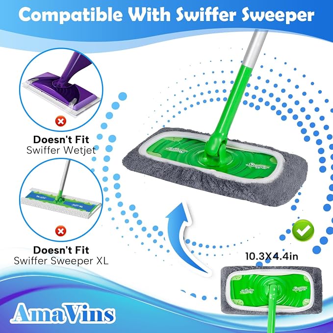 AmaVins 8 Pack Reusable Microfiber Mop Pads for Swiffer Sweeper Mop, Washable Dry & Wet Floor Cleaning Cloths for Hardwood Tile Laminate Floors, Eco-Friendly Replacement Pads (Mop Not Included)