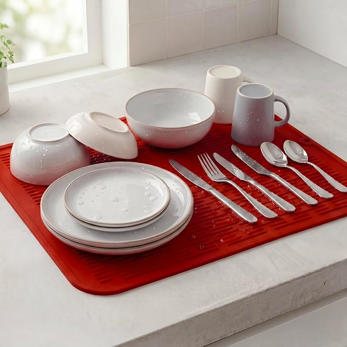 MicoYang Silicone Dish Drying Mat for Multiple Usage,Easy clean,Eco-friendly,Heat-resistant Silicone Mat for Kitchen Counter or Sink,Refrigerator or Drawer Liner Red XL 18 inches x 16 inches
