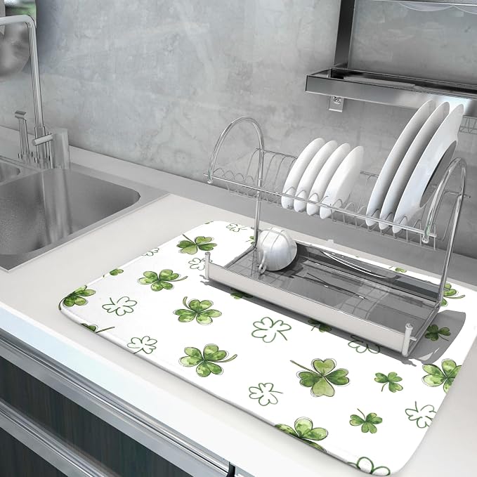 St Patricks Day Dish Drying Mat for Kitchen Counter Cute Shamrocks Holiday Microfiber Absorbent Dish Draining Reusable Washable Foldable Extra Large 18"x24"