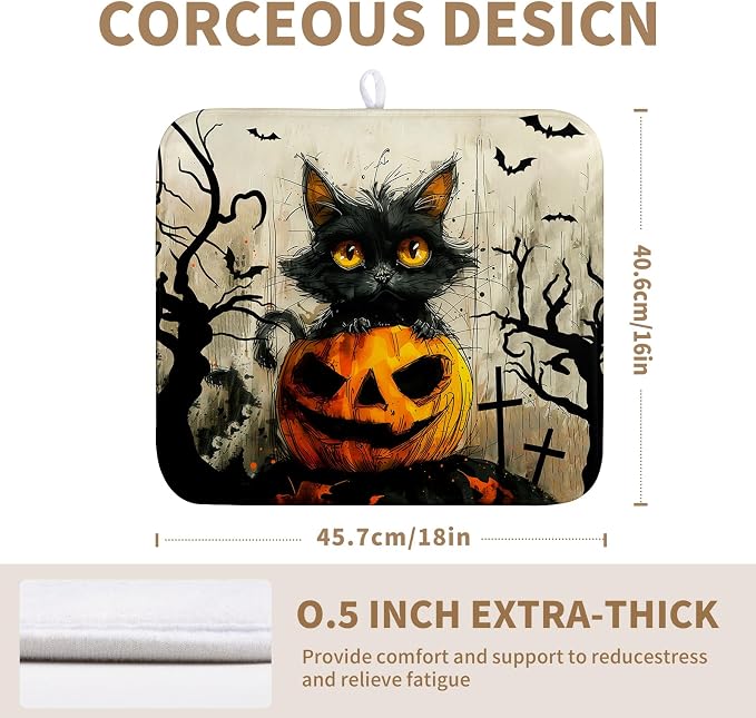 Black Cat Halloween Kitchen Dishes Drying Mat 16x18 Inch Halloween Fall Pumpkin Bat Dish Drying Mats for Kitchen Counter Absorbent Microfiber Dish Rack Mat Drainer Pad for Coffee Bar Sinks