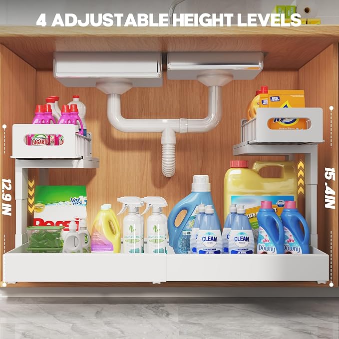 1 Pack-16"-26"W Expandable Under Sink Organizer With Upgrade Ball-Bearing Slide,2-Tier Pull Out Under Cabinet Organizer Height Adjustable,Not Suitable For Cabinets With Partitions In The Middle