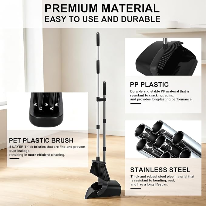 Broom and Dustpan Set 2 Pack, Upright Stand Up Broom and Dustpan Combo with Long Handles, Self-Cleaning Dustpan Teeth, Indoor Outdoor Sweeping Set for Home, Kitchen, Garage Pet Areas Black