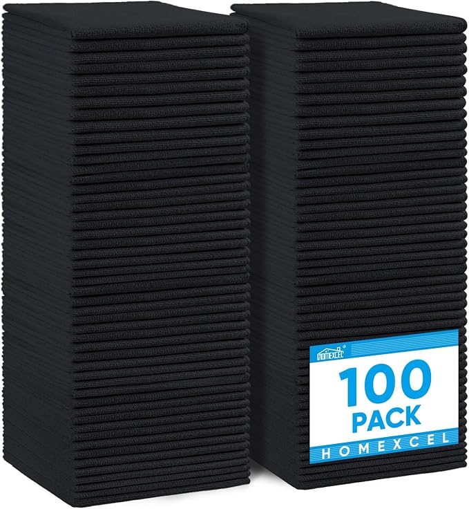 HOMEXCEL 100PK Microfiber Cleaning Cloth, Cleaning Rag for Home, 11.5x11.5 | Reusable, Lint Free, Scratch-Free and Highly Absorbent Towels for Kitchen, Window and Glass, Cars, Black