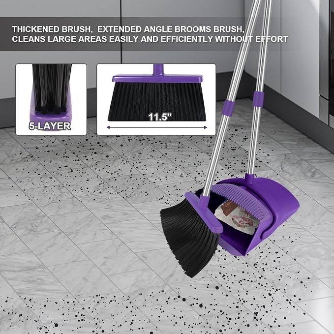 Purple Broom with Dustpan Combo Set, 51" Long Handle Household Cleaning Tool, Ideal Broom and Dustpan Set for Pet Hair and Home Use