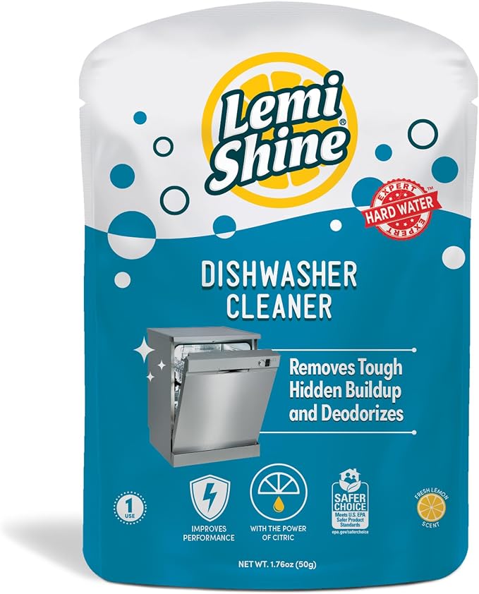 Lemi Shine Natural Dishwasher Cleaner and Deodorizer - 1.76 oz | Hard Water Citric Acid Cleaning Powder - Lemon Scented Eco-Friendly Dishwasher Cleaner & Deodorizer