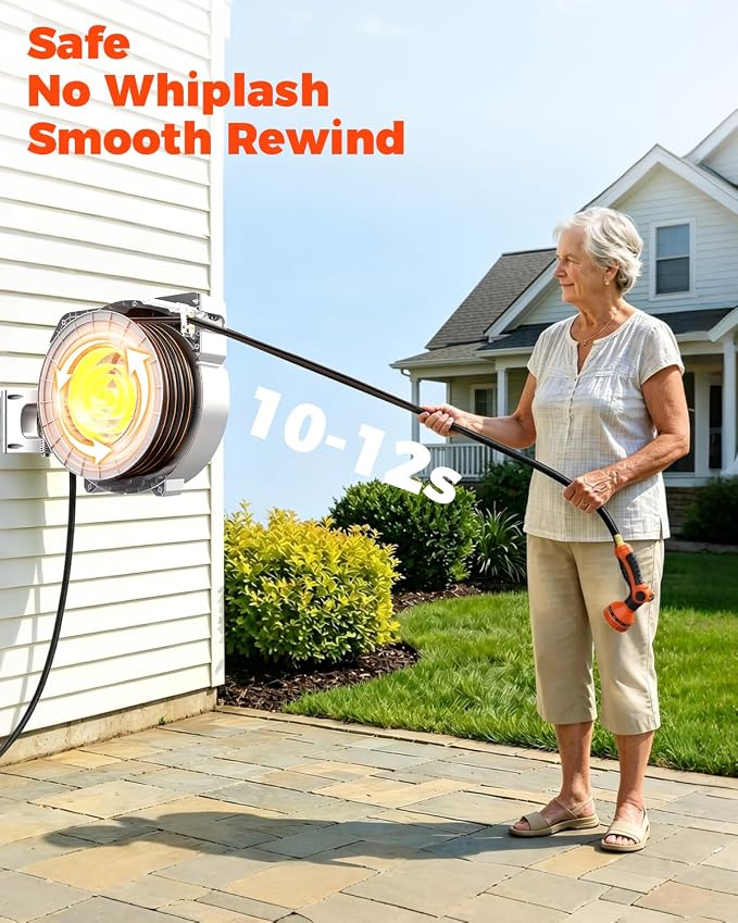 5/8 in 115ft Retractable Garden Hose Reel with Auto Rewind Any Length Lock Heavy Duty Hose Reel,9-Pattern Nozzle,180°Swivel,UV Resistant Wall Mount Water Hose Reel for Outdoor Garden Car Pet Patio