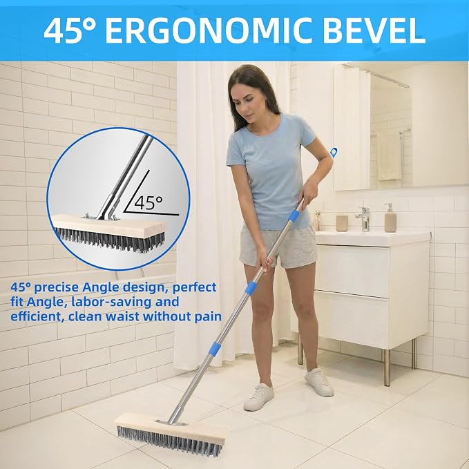 SUNBABA Stainless Steel Wire Scrub Brush with 62" Long Handle,Heavy Duty Stiff Metal Bristle Scrubber Broom for Deck Concrete Patio Gardens and Garages Floor Cleaning, Outdoor Moss Removal
