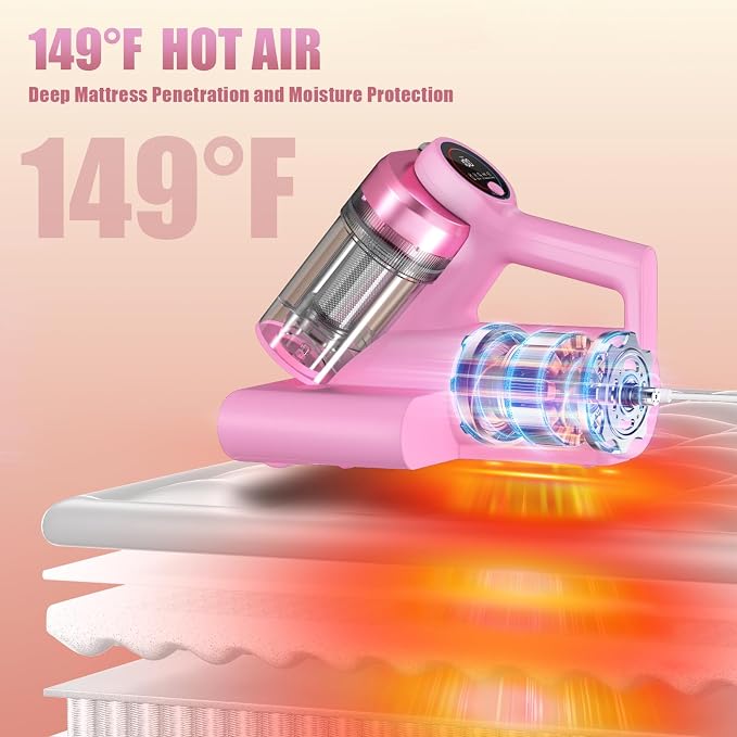 Teant Mattress Bed Vacuum Cleaner, 16 kPa Suction & 253.7nm UV-C, MV-Pink | 2-Speed Mattress Vacuum with 33000 RPM Tapping, UV-C, Ultrasonic, 149℉ Heat, Anion, HEPA, Deep Clean for Bed and Pet Hair
