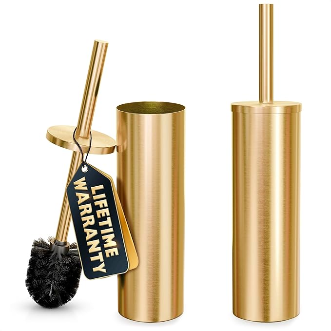 2 PCS Gold Toilet Brush and Holder Set - Brushed Stainless Steel Gold Toilet Bowl Brush and Holder with Replacable Head, Removable Inner Bowl, and Splash Protection - Dense Bristles for Cleaning