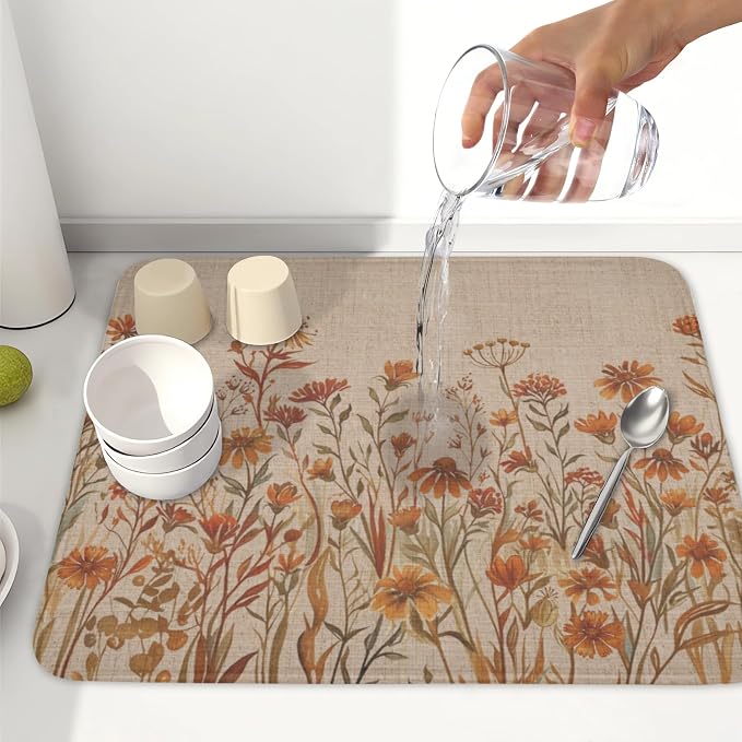 Fall Floral Dish Drying Mat for Kitchen Counter 16 x 18 Inch Autumn Sunflower Dish Drainer Mat Absorbent Microfiber Thanksgiving Dish Rack Pad for Coffee Dining Bar Kitchen Decor
