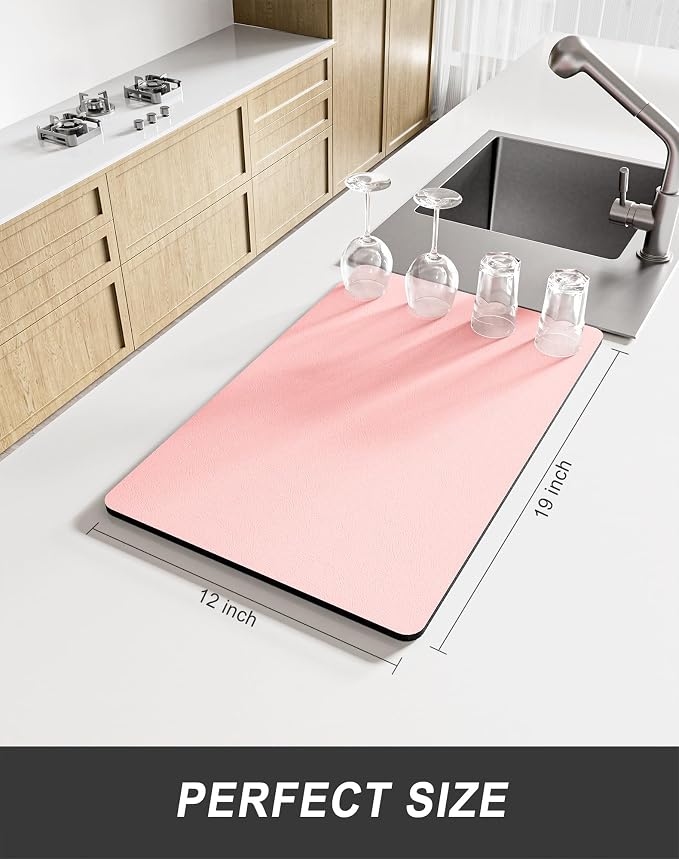 Rnivvi Dish Drying Mat for Kitchen Counter, 12 x 19" Super Absorbent Drainer Pad Easy Clean Dish Rack Pad, Non-Slip Heat Resistant Coffee Bar Mats for Coffee Machine Station Accessories Decor, Pink