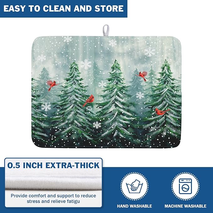 Winter Pines Tree Dish Drying Mats for Kitchen Counter, Christmas Tree Dish Mat Absorbent Reversible Microfiber Dish Drying Pad Winter Kitchen Drying Mat Dish Drainer Rack Mats for Coffee Bar 18"x24"