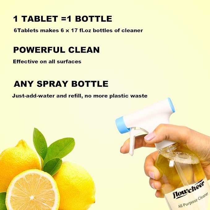 flowcheer Multi Surface Cleaner Refills - 6 Pack All Purpose Cleaning Refill Tablet-Makes 96 fl oz Bottles of Spray Cleaner for Household&Kitchen Cleaning (Lemon-6pc)