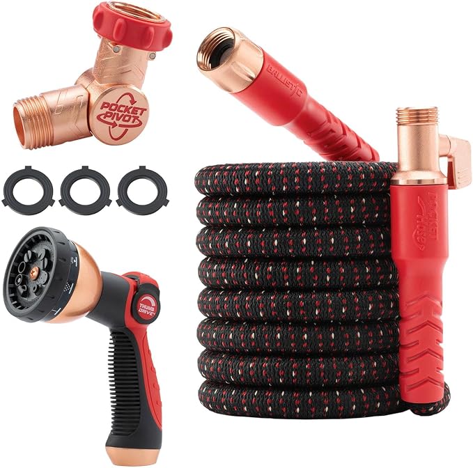 Pocket Hose Ballistic 50 FT Expandable Garden Hose, No-Kink, As Seen on TV | Anti-burst sleeve reinforced with bulletproof fiber, 360° swiveling pocket pivot connector, lightweight compact design