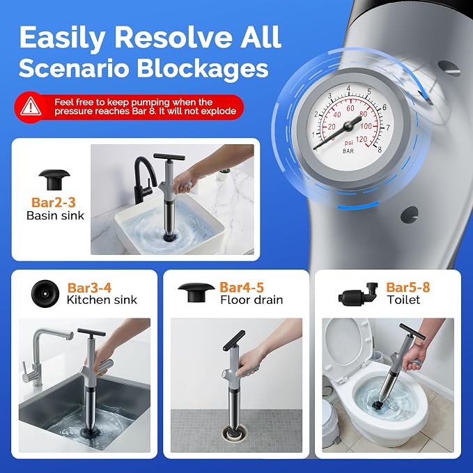 HAMITOR Toilet Plunger Drain Clog Remover: High Pressure Air Plunger & Heavy Duty Toilet Snake with Barometer for Bathroom,Sink - Unclogging Tool for Failed Traditional Plungers, Grey