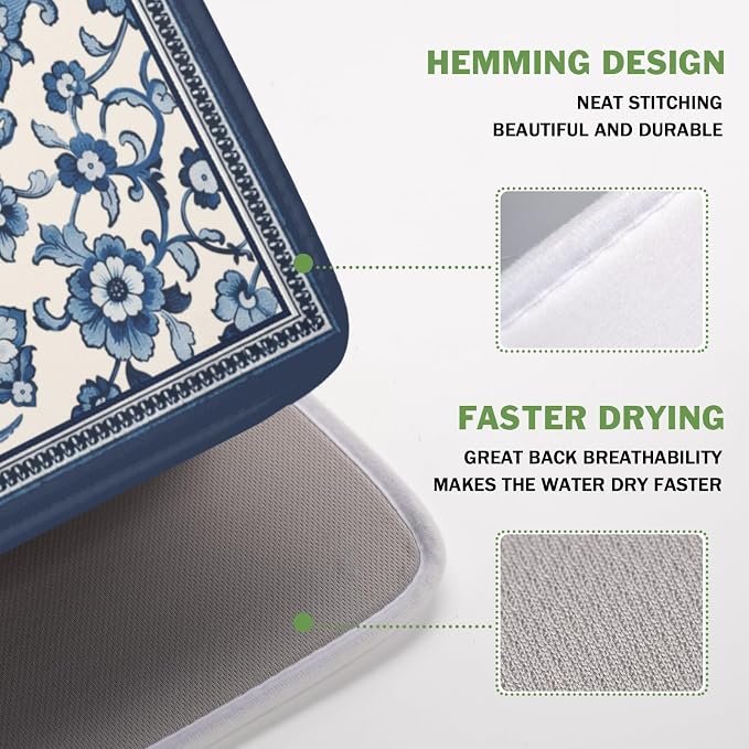 Blue Floral Dish Drying Mat for Kitchen Counter Vintage Flower Pattern Microfiber Dish Drainer Mat Rustic Farmhouse Absorbent Washable Drying Pad Extra Large 16"x18"