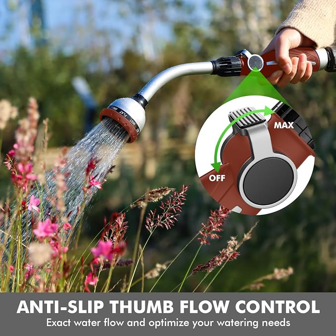 RESTMO Watering Wand Heavy Duty, 15-Inch Long Hose Nozzle Sprayer | 10 Spray Patterns & Thumb Flow Control, Metal Garden Hose Wand for Water Hanging Baskets and Shrubs, Red