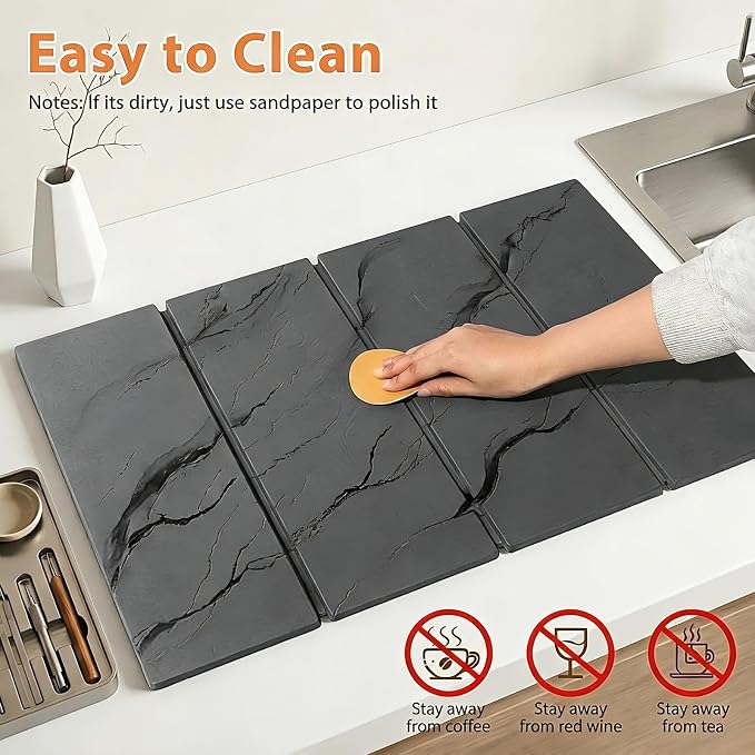 Large Stone Dish Drying Mat for Kitchen Counter, 2 PCS Quick Dry Diatomaceous Earth Dish Mat Set – Foldable Water Absorbing Kitchen Accessories for Countertop(Dark Gray 24"x16"&8"x4")