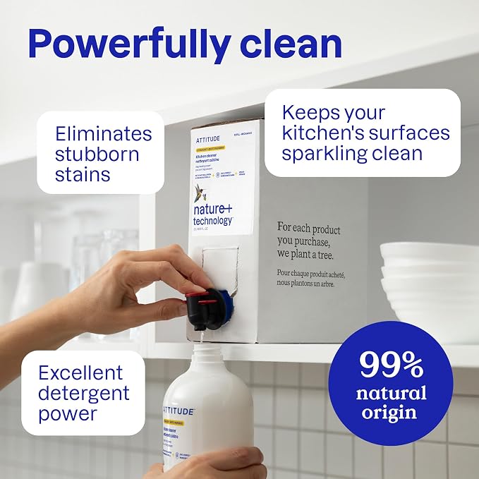 ATTITUDE Kitchen Cleaner Spray Refill, EWG Verified, Degreaser Spray to Cut Grease & Grime, Plant-Based & Vegan, Citrus Zest Scent, 67.6 Fl Oz