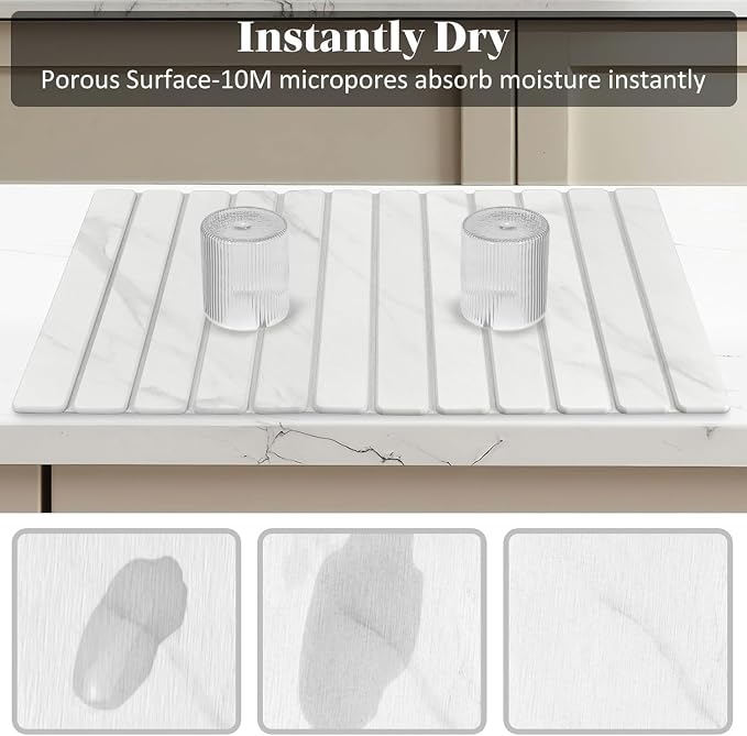 2 PCS Large Stone Dish Drying Mat for Kitchen Counter, 28"×16" Marble Dish Drying Mat with 8"x 4" Coasters, Non - Slip Collapsible Absorbent Mat for Multi - Purpose, Match Any Countertop【White】