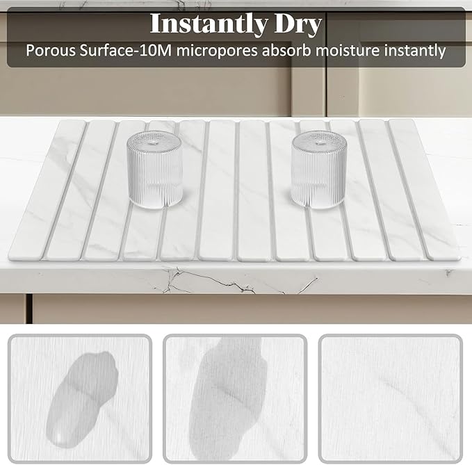 2 PCS Extra Large Stone Dish Drying Mat for Kitchen Counter, Foldable Quick Drying Dish Mats, Super Absorbent Drying Pad, Kitchen Counter Mats for Cups, Dishes, Bottles (White Marble 28"×16" & 8"x4")