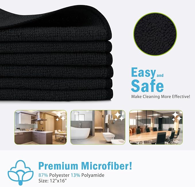 AIDEA Black Microfiber Cleaning Cloth-100PK, Reusable Cleaning Rags 12"x16" | Microfiber Towels for Cars Lint Free, Absorbent Microfiber Towels, Kitchen Towels, Dish Rags, Bulk Cleaning Towels for Home
