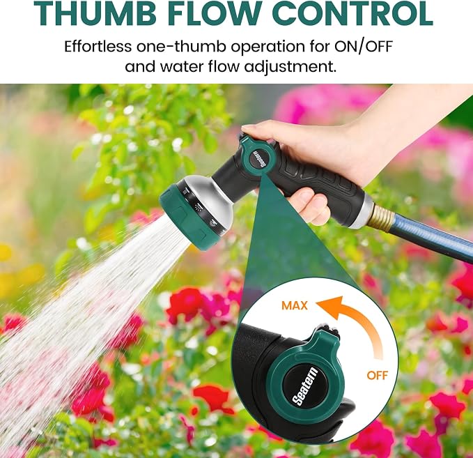Garden Hose Nozzle, Heavy Duty Hose Sprayer with Thumb Control, 10 Spray Patterns, Reinforced Metal Shell, Comfortable Grip for Lawn, Plants, Car & Pet Washing – Forest Green
