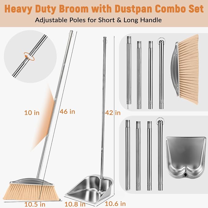 VOOWO Broom with Dustpan Combo Set, 46" Stainless Steel Broom and Dustpan Set for Home, Heavy Duty Dust Pan with Long Handle, Broom for Sweeping Indoor and Outdoor, Kitchen Broom and Dust Pan (Khaki)