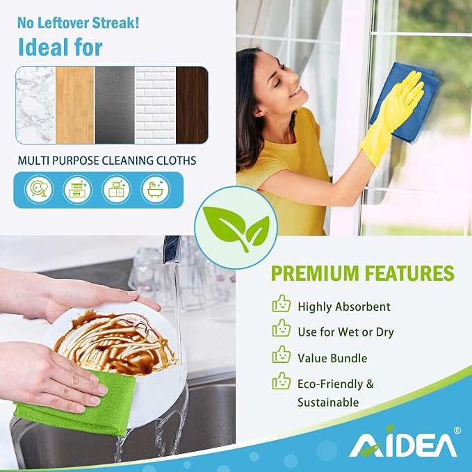 AIDEA Microfiber Cleaning Cloth, 300PK, Soft Absorbent Rags, Microfiber Towels for Cars, Kitchen Towels, Dusting Cloth for Home, Window, Cleaning Supplies, 12"×12"