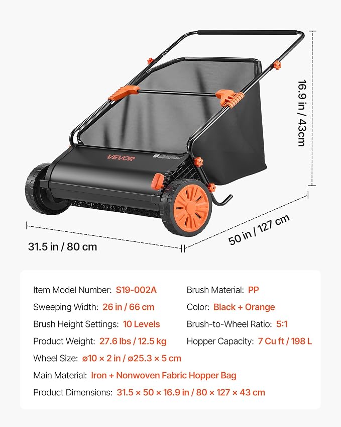 VEVOR Push Lawn Sweeper 26 in Leaf & Grass Collector 7 cu. ft. Hopper Bag | Heavy Duty Yard Sweeper with Adjustable Brush Height, Spinning Brushes, Rubber Wheels for Leaves Grass Cleanup, Black/Orange