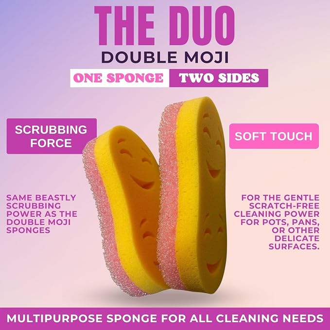 Smilyeez Double-Size Scrub Moji Duo Sponge 2-Pack – Dual Smiling Faces, Temperature-Responsive Scrubber – Scratch-Free, Odor & Stain Resistant