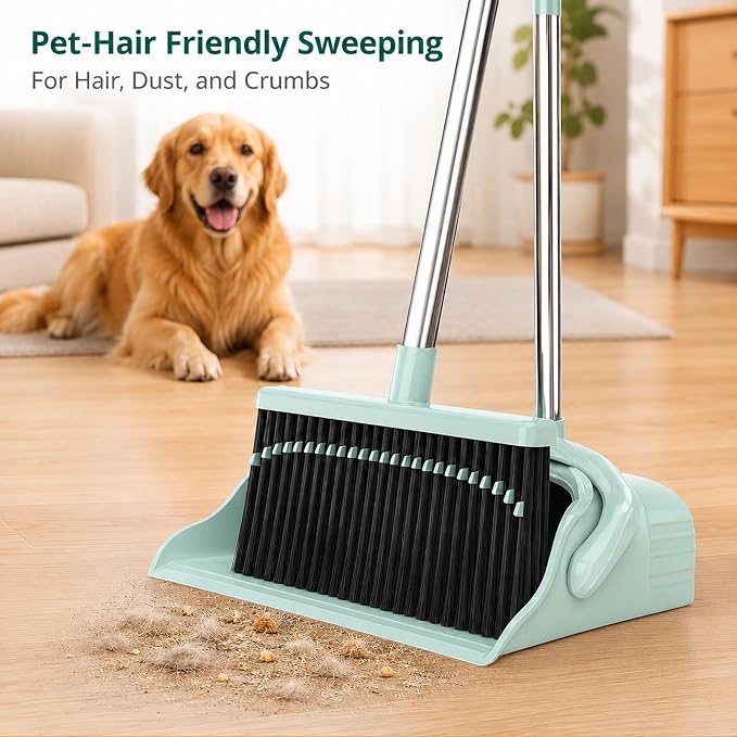 Broom and Dustpan Set, 52-Inch Long Handle, Comb Teeth, Green | Comb teeth help sweep pet hair, dust and crumbs on hard floors