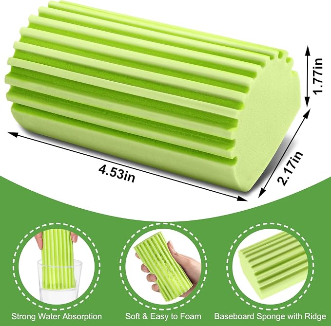 Jeymei Damp Clean Duster Sponge,4Pcs Green Dust Sponge for Cleaning | Damp Dusting Sponge with Ridges,Baseboard Cleaning Tool,Reusable Wet Duster Sponge,Household Cleaning Sponges for Blinds