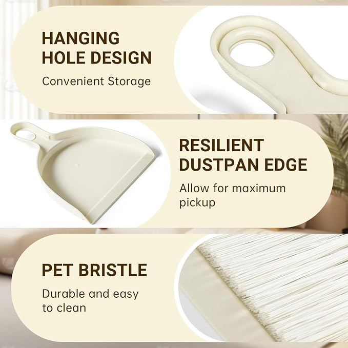 THINKLEARN 2PCS Small Dust Pan and Brush Set, Mini Broom Dustpan Kit | Portable Brush Dustpan Combo Set, Beige Cleaning Supplies
