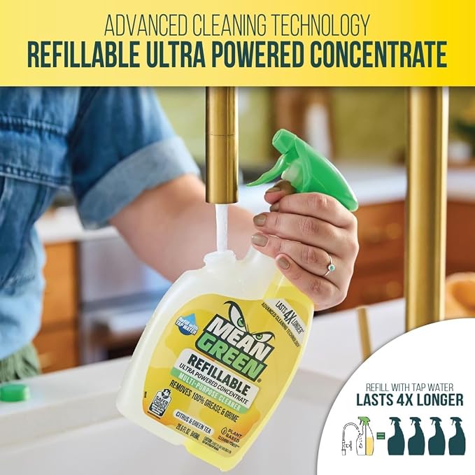 Mean Green Refillable Ultra Powered Multi-Purpose Cleaner Concentrate, Citrus & Green Tea, 14.3 fl oz – Plant & Mineral Based, Cuts Through Grease & Grime, Refillable Bottle Makes 4X Refills