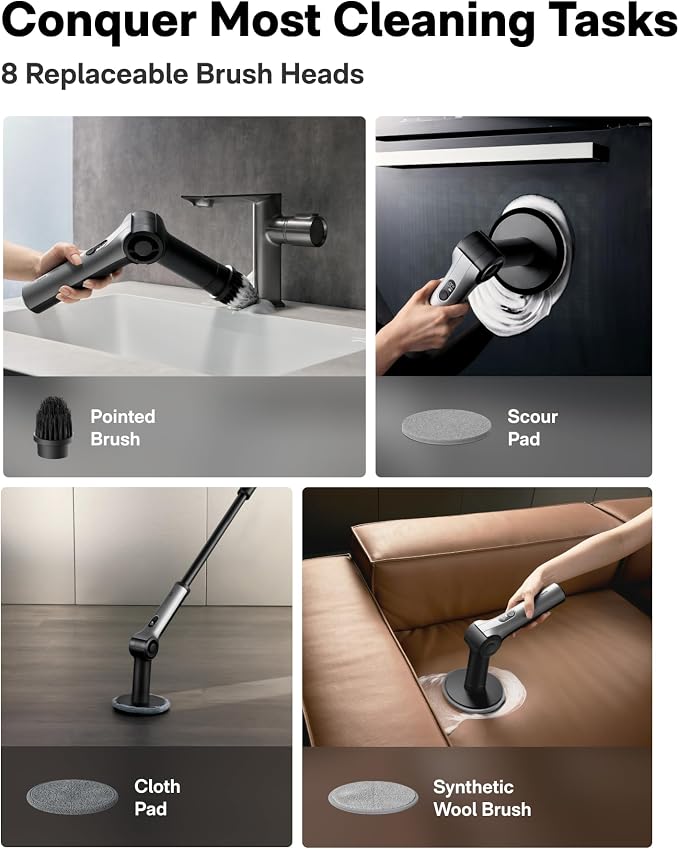 HOTO Flexi™ Cordless Electric Spin Scrubber, Adjustable Angle, Extendable Handle, Smart Display, IPX7 Waterproof, Powerful Cleaning Scrubber with 8 Replaceable Brush Heads, for Bathtub, Bathroom, Tile